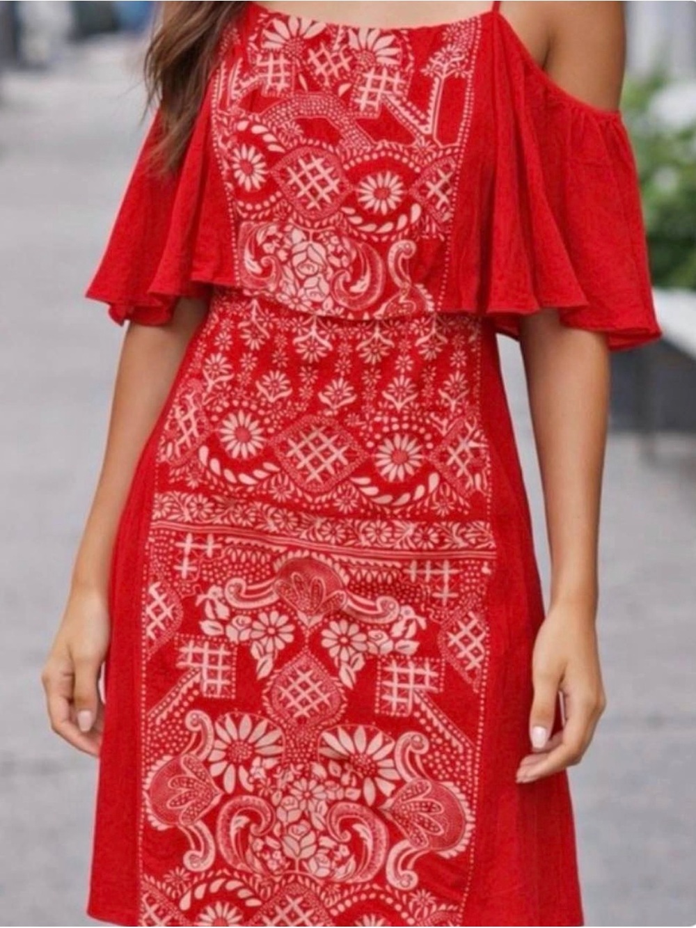 FARM Rio Red Cold-Shoulder Print Midi Dress